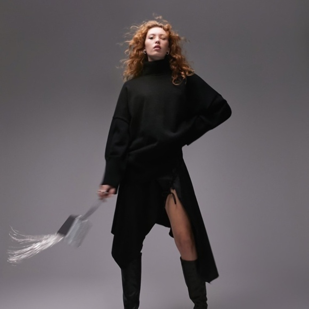 Black Turtleneck Oversized Sweater Dress - Women